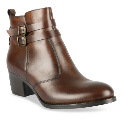 Bottines MARRON Femme CUIR Motif Uni Boucle + Fermeture éclair