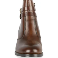 Bottines MARRON Femme CUIR Motif Uni Boucle + Fermeture éclair