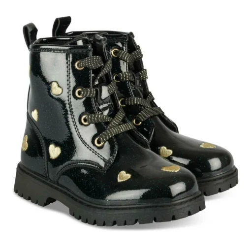 Bottines Rangers BLEU Fille Motif Coeurs Lacets