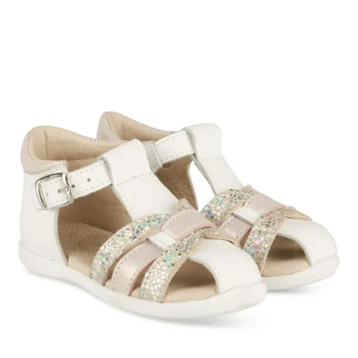 Sandales BLANC Fille CUIR Motif Iridescent Boucle