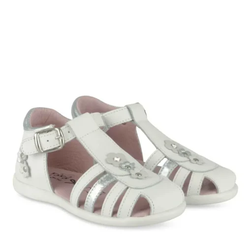 Sandales BLANC Fille CUIR Motif Fleuri Boucle